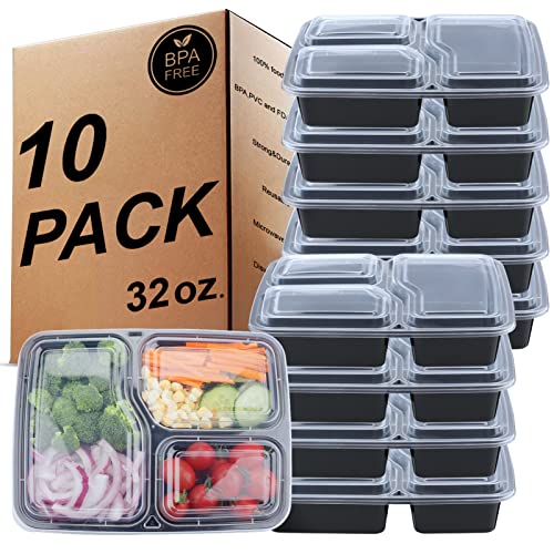 KINGHON 3-Fach Meal PREP Container - Bento Lunch Boxen,BPA frei wiederverwendbare Lebensmittel Lagerung mit luftdichten Deckel,Gefrierschrank,Mikrowelle und Geschirrspüler sicher - 10er Pack,32 oz