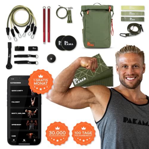 PAKAMA - Sports Bag 2.0 (10-teilig) Fitnessstudio im Rucksack - XXL Krafttraining Sportgeräte Set Zuhause mit Fitness-Bänder, Stange, Resistance Thera-Bands, Sport-Matte, Springseil, Schlingentrainer