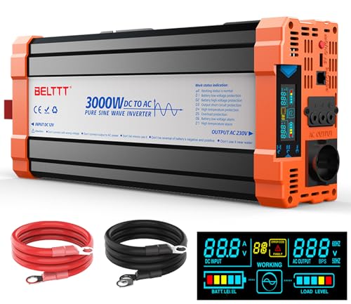 Wechselrichter Spannungswandler 12V auf 230V Reiner Sinus Wechselrichter 3000W Inverter mit EU Steckdosen,USB Ausgang und LCD-Anzeige Spitzenleistung 6000W für Kfz LKW Camping Notfall Haushaltsgeräten