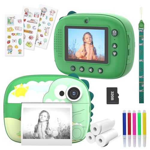 Kinderkamera Sofortbildkamera, 2.4 Zoll Digitalkamera Sofortdruck mit 3 Rollen Druckpapier & 32G Karte, 1080P VideoKamera mit 5 Farbigen Stiften & Lustige Accessoires, Children’s Instant Camera