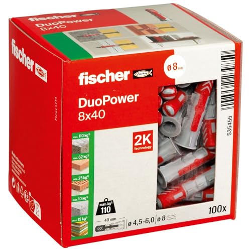 fischer DuoPower 8 x 40, Universaldübel, leistungsstarker 2-Komponenten-Dübel, Kunststoffdübel zur Befestigung in Beton, Ziegeln, Stein, Gipsbauplatten uvm., ohne Schrauben, 100 Stück