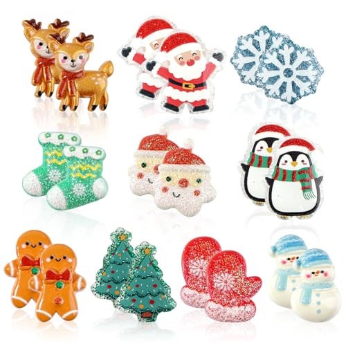 Deepton 10 Paar Weihnachten Ohrclips Kinder, Klipp Ohrringe Kinder Mädchen Weihnachten Clip Ohrringe Mädchen, Weihnachts Ohrklipser Kinder Mädchen, Schneeflocke-Schneemann-Ren Ohrring Clip Set