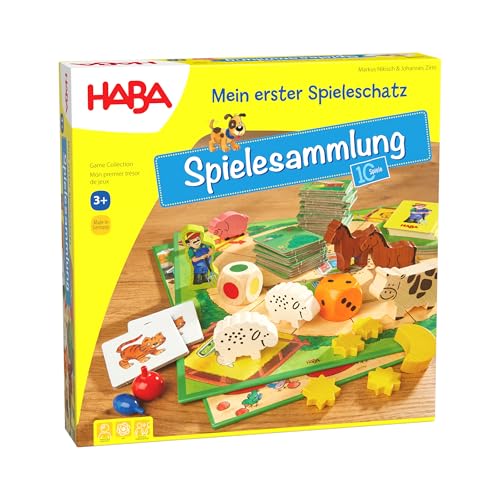 Haba 4278 - Mein erster Spieleschatz Die große Haba-Spielesammlung, 10 unterhaltsame Brett-, Memo- und Kartenspiele ab 3 Jahren in einer Packung, Kindgerechtes Spielmaterial aus Holz