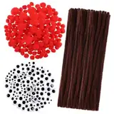 HASUDEI 100 Stück Pfeifenreiniger Braun zum Basteln Pfeifenputzer 150 Stück Wackelaugen Selbstklebend 150 Stück Rote Pompons für Kinder Weihnachten Rentieren Bastelzubehör Handwerk DIY Herstellung