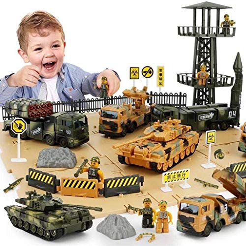 Militärfahrzeuge und Armee Schlachtplatz mit Aufbewahrungskiste, 6 Fahrzeuge, Scout Tower, Raketen-LKW, Tank (Militärfahrzeuge Set)