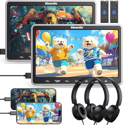 GOnavidio 10,5'' Auto DVD Player 2 Monitore mit HDMI-Eingang, 2 Kopfhörern, 2 Halterungen, Slot-Loading-Disc, Auto Fernseher für Kinder Unterstützt Letzter Speicher, USB-SD-Karte ohne Akku