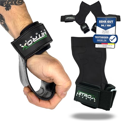 NetroxSports® – Power Grips Zughilfen für Bodybuilding, Gewichtheben, Krafttraining & Fitness – speziell entwickelt für schwere Gewichte – extra Starke Lifting Straps I Frauen & Männer (Schwarz, M)