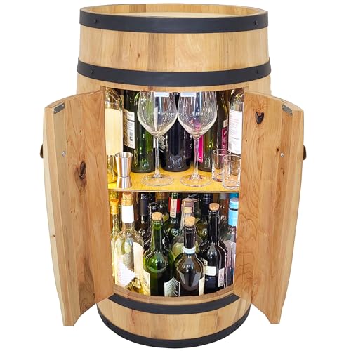 weeco Holzfass bar mit Türen + LED Beleuchtung, Schrank, Regal für Alkohol, Flaschenhalter, Weinregal, Weinhalter, Bar für Wein, Schrank für Wein