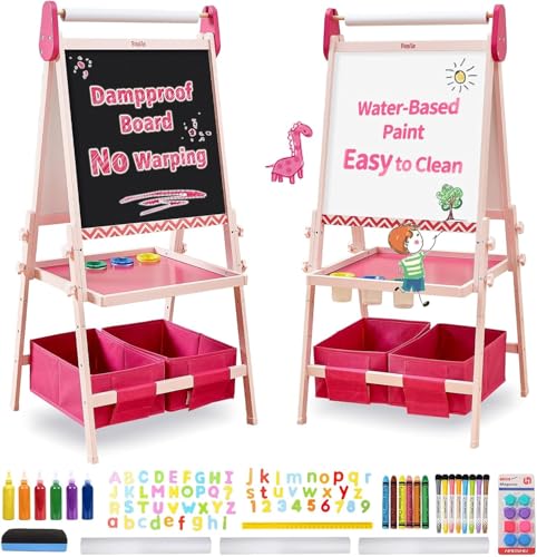 FUNLIO Staffelei Kinder von 3–8 Jahren, Anti-Warp-Board und Löschbarer Rahmen, Kindertafel mit Kreide und Magnet/Whiteboard, 3-fach höhenverstellbar, All-in-One staffeleien mit Papierrolle, Rosa