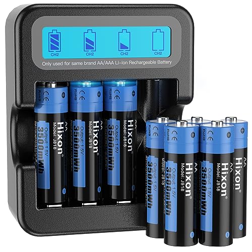 Hixon Lithium AA Akku, Wiederaufladbare 1,5V AA Lithium Batterien, 3500mWh und 1600 Lange Zyklen, 8 Stück Lithium 1,5V AA Akku mit Schwarzem Schnelles Aufladen LCD-Display Ladegerät