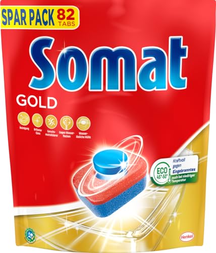 Somat Gold Spülmaschinen Tabs (82 Tabs), Geschirrspül Tabs für strahlend sauberes Geschirr auch bei niedrigen Temperaturen, Extra-Kraft gegen Eingetrocknetes