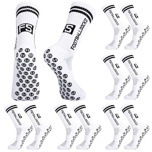 Apricitie 6 Paare Fussball Socken Kinder Fußballsocken Anti Rutsch Grip Jungen Fußball Socken Rutschfeste Sportsocken für Fussball Basketball Laufen Rugby Tennis (M,Weiß)