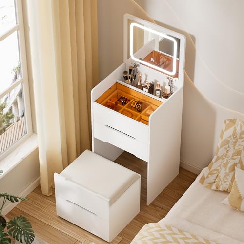 3 in 1 Schminktisch mit Hocker, Frisiertisch mit aufklappbarem Spiegel, sichtbarer Glasplatte, 3 Schubladen Frisierkommode mit LED-Beleuchtung Kleines Schminktisch-Set Kosmetiktisch fürs Schlafzimmer