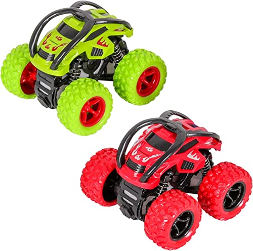 Monster Trucks Spielzeug, Zurückziehen Auto Trägheit Reibungsbetriebene Autos 360 Grad Rotierendes Geländewagen Spielzeugauto für 3-10 Jahre Alte Jungen Mädchen Kinder (2 Stück, Grün Rot)