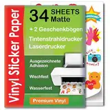 Premium Bedruckbares Vinyl Sticker Papier - 34 Matte Blätter Sticker Papier A4 - Printable Vinyl Sticker Paper - Selbstklebende Folie zum Bedrucken - Wasserabweisend und Reifest Bedruckbare Vinylfolie