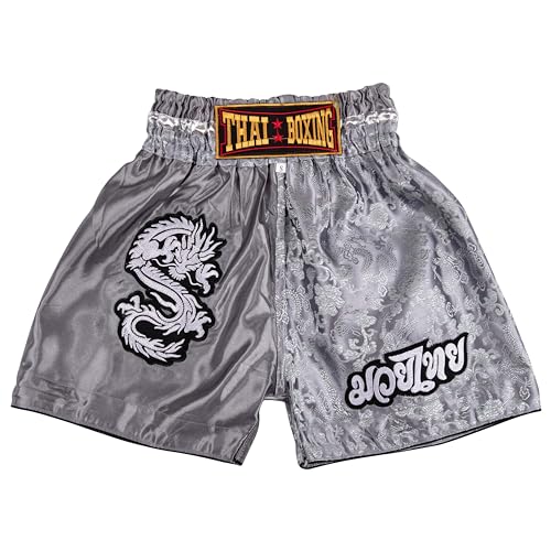 MUAY NATION Muay Thai Shorts für Kinder (2 Jahre - 12 Jahre) Mädchen Jungen Boxhosen für Kickboxen MMA Kampfsport (DE/NL/SE/PL, Alter, 2 Jahre, 3 Jahre, Regular, Drachen Grau)