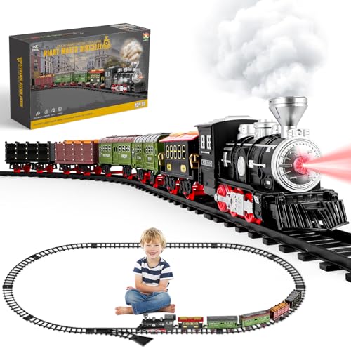 deAO Dampfzug Spielzeug, Retro Zug Elektrisch mit Dampf, Licht, Geräuschen, Elektrische Eisenbahn Kinder, Zug Spielzeug Weihnachtszug Geburtstagszug-Geschenk für Kinder ab 3 4 5 6 +Jahren (6 Waggons)