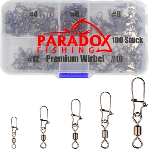 Paradox Fishing Angel Wirbel Set I enthält Größen #4-#12 100 Stück I Wirbel Angeln Wirbel Angel-Zubehör Set Wirbelsortiment Angelwirbel mit Karabiner Karabinerwirbel Angelzubehör