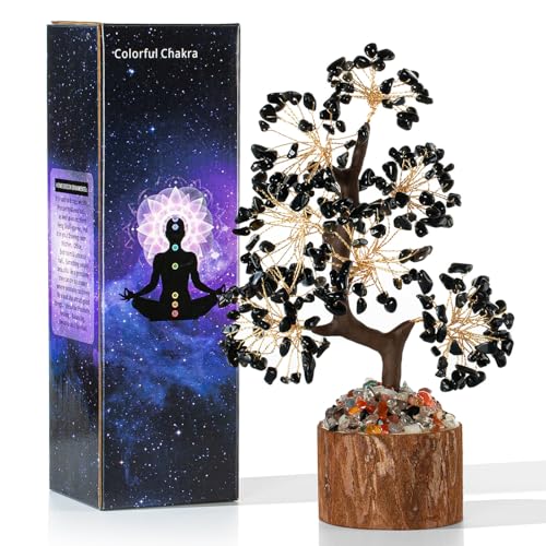 XIANNVXI Obsidian Stein Baum Edelsteine Kristallbaum Deko Schwarz Kristalle Stein Groß Lebensbaum Geldbaum Kristall Glücksbringer Baum Holzsockel Esoterik Geschenke viel Glück