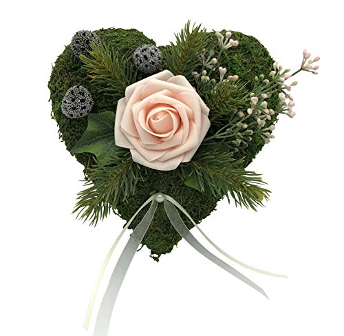 Grabgesteck Grabschmuck Grabaufleger Moosherz Grabherz Trauerherz Grab Herz Gesteck und Rose (Rose Rosa)