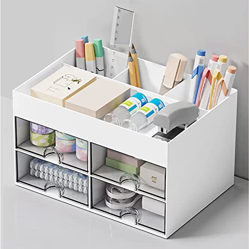 DoocliB schreibtisch organizer mit 4 schubladen, Multifunktionaler, Platzsparendes Desk Organizer (Weiss-4-3)