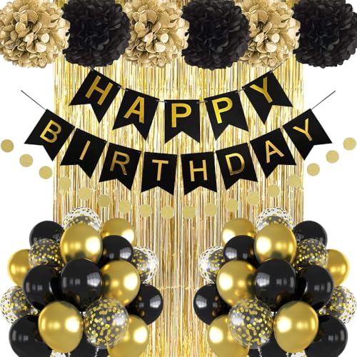 Geburtstagsdeko Schwarz Gold, Geburtstag Party Deko Schwarz Gold Luftballons, Happy Birthday Banner,Lametta Vorhang Goldene, Pompons für Männer Frauen 18-60.Geburtstag Party Dekoration