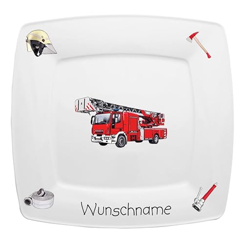 Doriantrade Speiseteller eckig 26cm Kinderteller Teller Porzellan Feuerwehr personalisierbar mit Wunschname Name Kindergeschirr mit Namen personalisiert