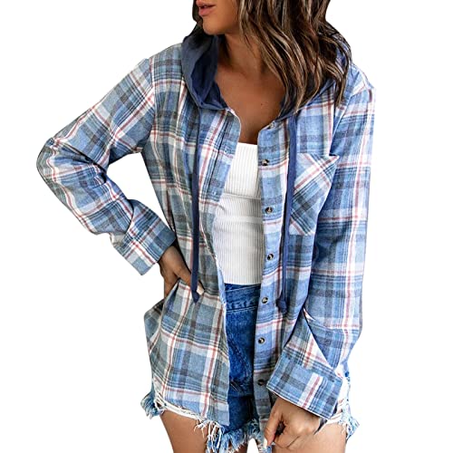 Mantel Damen Kurz Wolle Damen Oversize Kapuzenbluse Kordelzug Karierte Hemden Langarm Knopf Lässig Lose Klassisches Top mit Taschen Damen Mantel Mit Schleife (Blue, L)