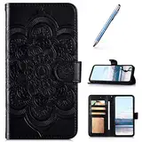 URFEDA Kompatibel mit Huawei P40 Lederhülle Geldbeutel Leder Tasche Schutzhülle Mandala Blumen Muster Handytasche Brieftasche Kreditkartenfächer Stand Flip Case Cover Klapphülle,Schwarz