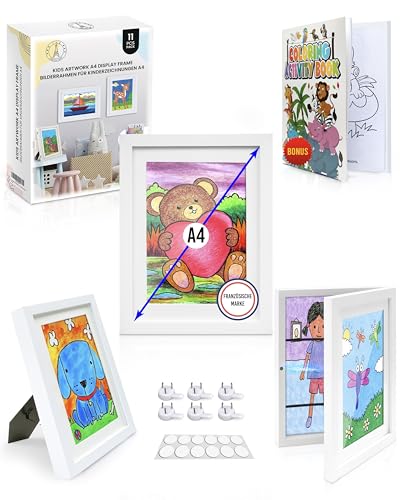 KidGallery Bilderrahmen für Kinderzeichnungen A4 – 2 weiße Kinder Kunst Rahmen aufklappbarer – Inklusive Malbuch – Einfache & organisierte Aufbewahrung – Kreatives Geschenk für individuelle Dekoration