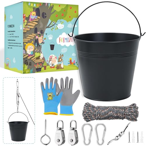 FORMIZON Flaschenzug Kinder, Zubehör fürs Baumhaus Spielturm Flaschenzug mit Metalleimer, Kinder-Riemenscheibensystem Spielturm Zubehör Gartenspielzeug für für Kinder ab 3 Jahren (Schwarz)