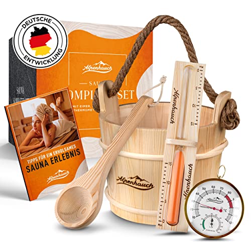 ALPENHAUCH Sauna Eimer mit Kelle [100% Naturholz] - Edler Saunakübel mit Sanduhr & Thermometer - Langlebiges Sauna Zubehör - Aufgusseimer Set inkl. Praktischem Büchlein - Wellness Saunaeimer Set