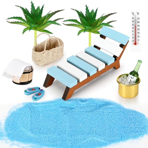 Auauraintt 13 Stück Strand Mikrolandschaft, Miniatur Dekoration Mini-Stranddekorationen Mini Liegestuhl Kleine Aloe-Vera-Gras, Accessoires für DIY Fee Garten, Puppenhausdekoration, Geschenk