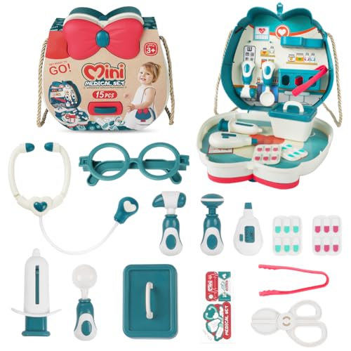 Aomig Arztkoffer Kinder 15 Pcs Doktorkoffer mit Stethoskop Thermometer Spritze Arzttasche Kinder ab 3 Jahre Zahnarztspielzeug Medizinische Spielzeug Arztspielzeugrucksack Doktorkoffer kinderarzt Grün