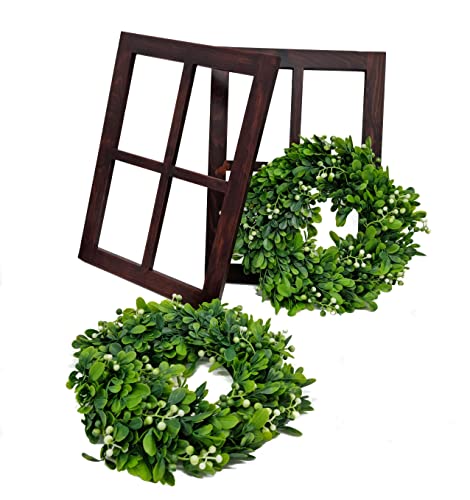 Spetebo 2er Set Deko Holz Fensterrahmen inkl. künstliche Mistelkränze - walnuss - Holzrahmen und Türkranz zum Hängen und Gestalten - Bilder Wand Fenster Rahmen Tür Tisch Mistel Grün Kranz künstlich