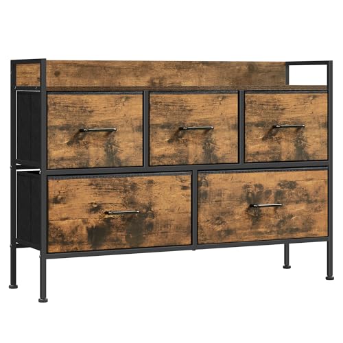 SONGMICS Kommode, Schrank Schlafzimmer, Aufbewahrungsschrank 5 Stoff-Schubladen mit Griffen, Sideboard, für Wohnzimmer, Flur, Stahlrahmen, vintagebraun-tintenschwarz LTS135B01