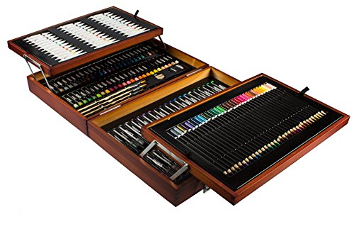 Mont Marte Premium Malset Deluxe – 174-teilig – Malkoffer aus Holz mit essenziellen Malmedien – Acryl-, Aquarell-, Öl-, Pastellfarben, Stifte, Pinsel