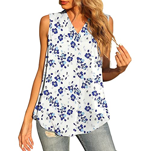 Tshirt Damen Kurzarm Tank Tops Blusen Lässige lose ärmellose Sommer-Damenbluse Tank-Ausschnitt V-Oberteile Shirt-Druck Damen-Tanks & Camis Unterwäsche Oberteile Tunika Bluse (Blue-d, XXL)