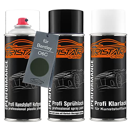 TRISTARcolor Autolack Spraydosen Set für Kunststoff Stoßstange für Bentley O6C Brewster Green Haftgrund Basislack Klarlack mit Weichmacher Sprühdose