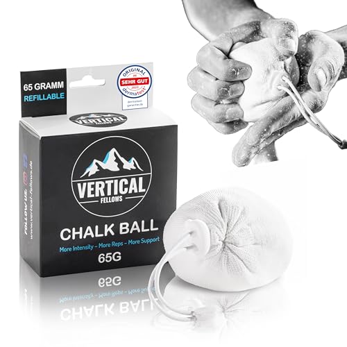 VERTICAL FELLOWS Chalk Ball 65 Gramm wiederbefüllbar - DERMATEST sehr gut - idealer Kreide & Magnesia Chalkball für Klettern Bouldern Turnen Gewichtheben Cross Fit