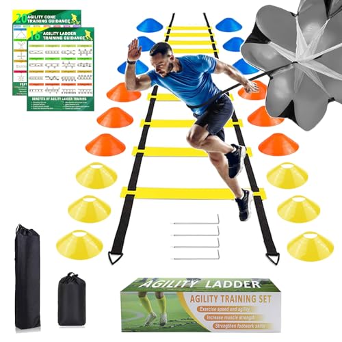 YHOTOGEA Fußball Trainingsset Koordinationsleiter 6M, 18 Hütchen und Resistance Fallschirm, Fussball Trainingszubehör Geschenke Jungen, für Fussball Training Sachen (Gelb)