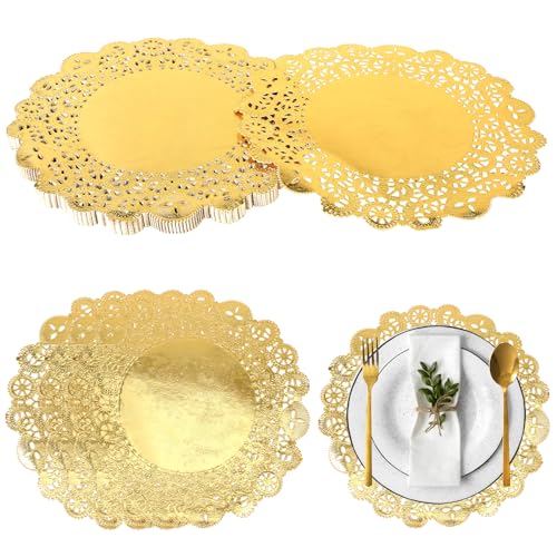 Mozeat Lens Tortenspitze Rund Gold Papier Deckchen 100 Stück 7.5 Zoll Papier Tischs ETS Spitze Papier Deckchen Dekorative Doily für Esstisch Kuchen Dessert Party Hochzeit Geschirr Weihnachten Dekor