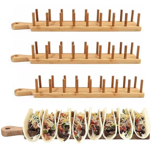 Taco-Halter aus Holz, Bambus-Taco-Tablett mit Zange, Taco-Ständer mit Griff, für 8 weiche oder harte Schalen für Charcuterie, Lebensmittel, Küche, Geschenke, Zubehör, Zuhause (3 Stück)