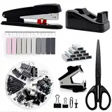Schwarzes Bürobedarf, Schwarzes Schreibtischzubehör, Hefter und Klebebandabroller-Set für mit großem Hefter, Klebebandspender, Heftklammerentferner, Heftklammern, Clips, Schere und Tabs,
