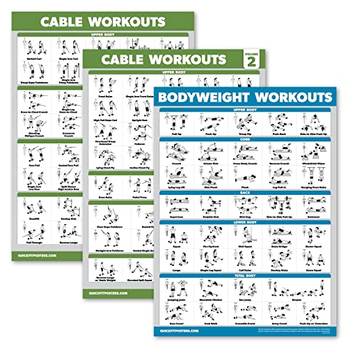 3er-Pack – Cable Machine Workout-Poster Band 1 & Band 2 + Körpergewicht-Übungstabelle (laminiert, 45,7 x 61 cm)