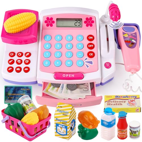 BUYGER Kinder Kaufladen Kasse Spielzeug, Spielkasse Kinder mit Scanner, Waage, Mikrofon, Rechner, Registrierkasse mit Licht und Sound, Geschenk für Mädchen Jungen ab 3+ Jahre