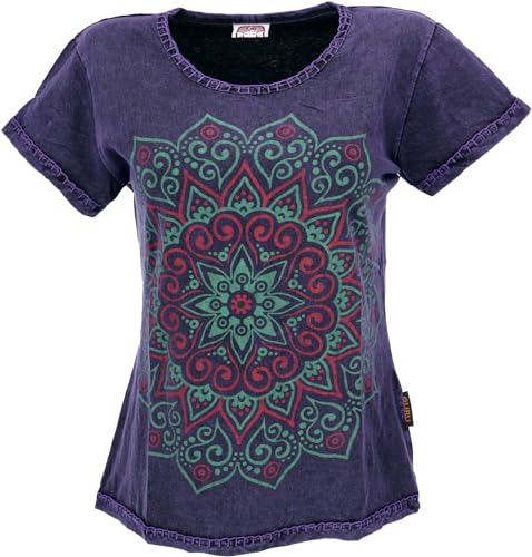 GURU SHOP Boho T-Shirt mit Mandaladruck, Stonewashed T-Shirt - Violett, Damen, Size:S