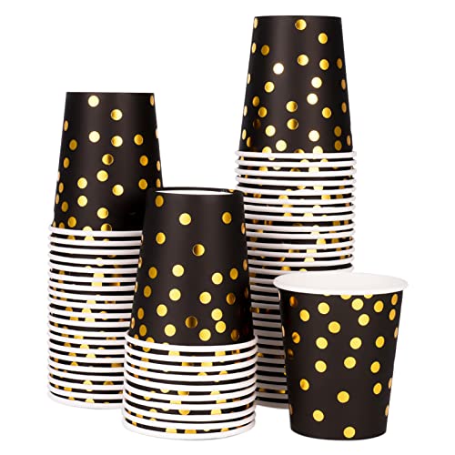 Fanshiontide 60 Stück Pappbecher, Einwegbecher Papierbecher 250ml Gold Dot Partybecher Kaffeebecher Trinkbecher, für Kinder DIY, Partybedarf, Tee, Heißen und Kalten Getränken (Schwarz)