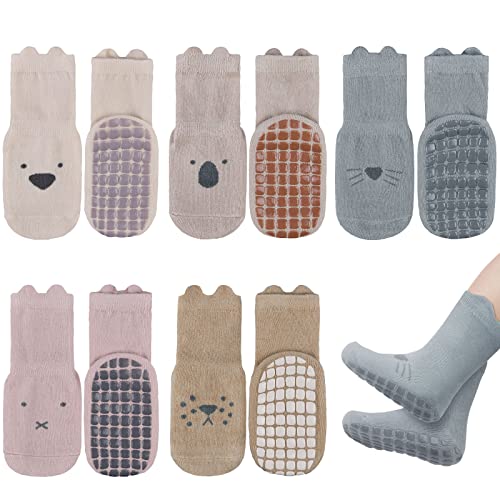 Vicloon Rutschfeste Socken für Baby, 5 Paar Baby Socken Baumwolle,Süße Katze Kleinkind Socken Baby, Kinder Anti Rutsch Socken for Babies Toddlers and Kids(1-3 Jahre alt)