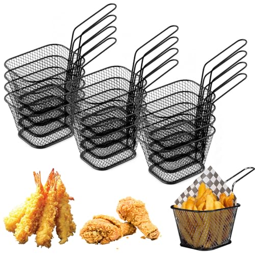 TOKINCEN 12 Stück Frittierkorb Klein Schwarz Servierkörbchen Edelstahl für Pommes Mini Pommes Körbchen Pommeskörbchen Friteusenkorb zum Servieren für Pommes Frites Garnelen Zwiebelringen